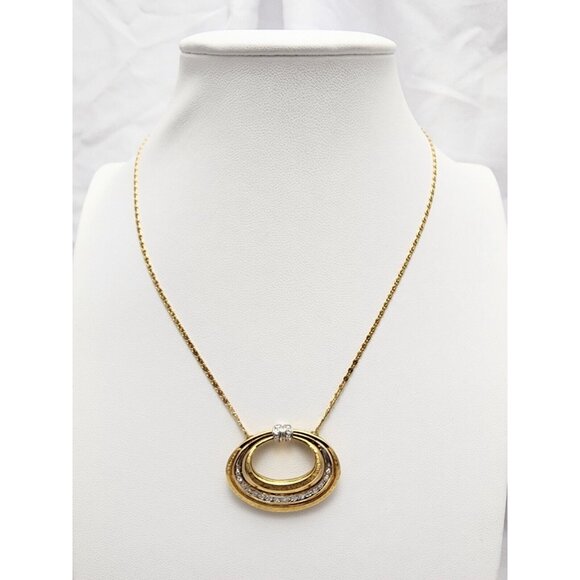 Vintage 18K Two Tone Multi Color Gold Diamond Oval Pendant Link Chain Necklace - Picture 2 of 16